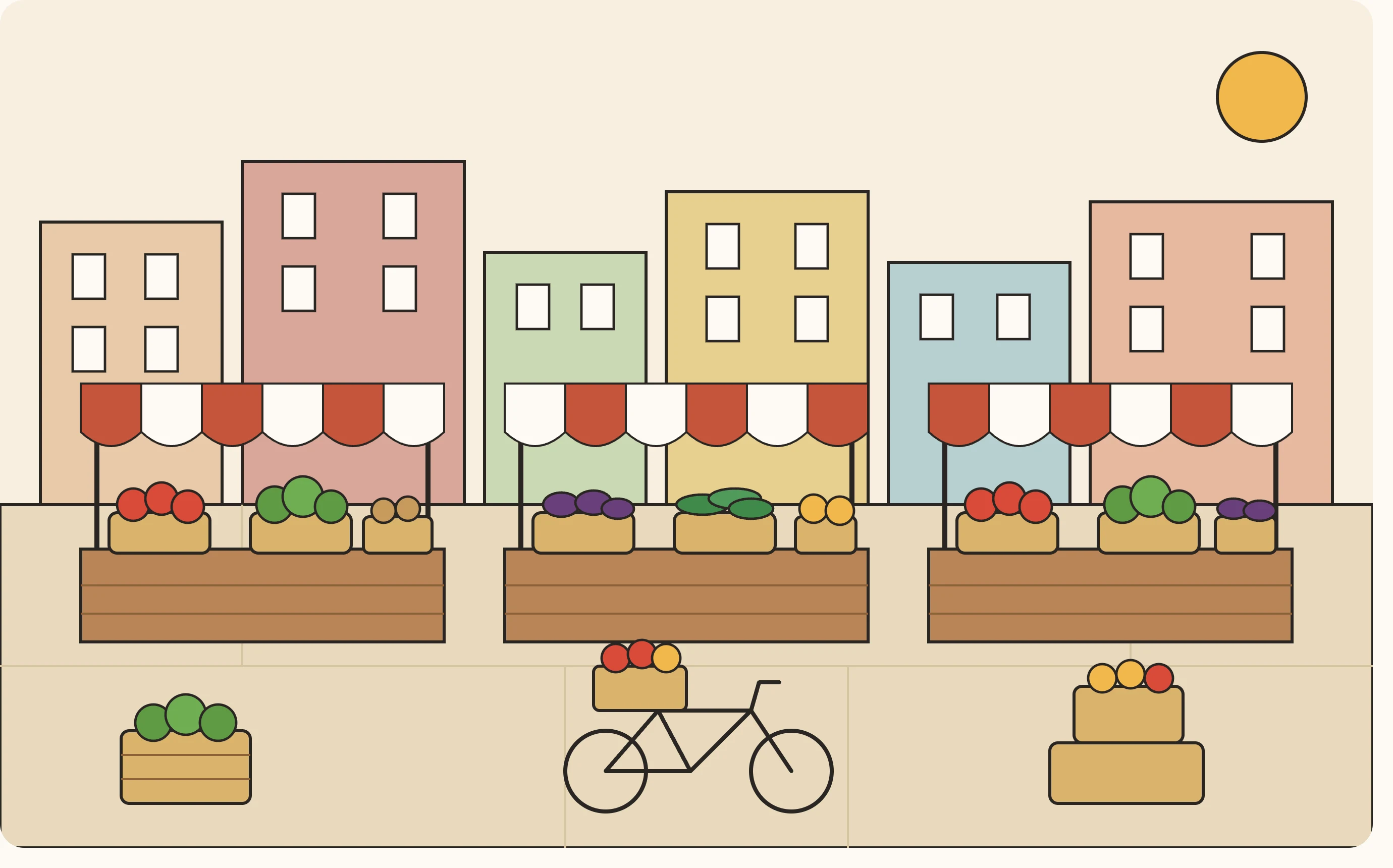 Illustration of a neighbourhood market: three stalls of fruit and vegetables, crates, and a bicycle with a basket of produce