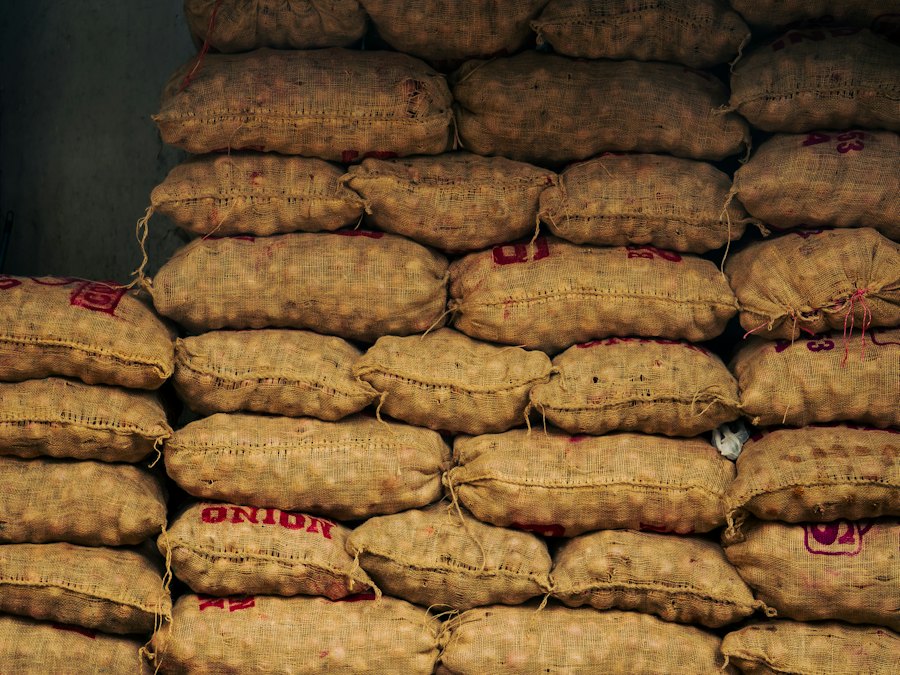 Neat stacks of full produce sacks in a storehouse