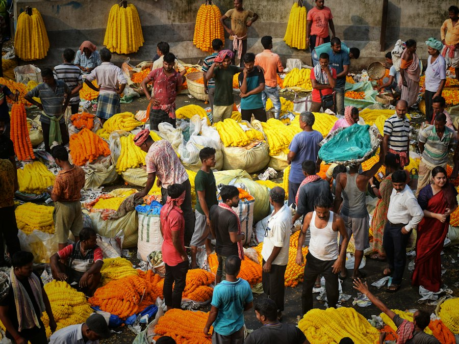 Farmers and buyers gathered around sacks of fresh produce at a busy market